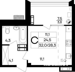 Студия квартира, строящийся дом, 32м2, 1/8 этаж
