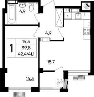 1-к квартира, строящийся дом, 42м2, 1/8 этаж