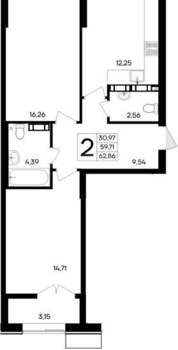 2-к квартира, вторичка, 63м2, 6/9 этаж