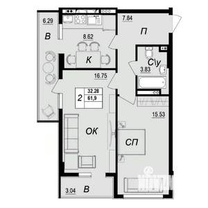 2-к квартира, вторичка, 62м2, 10/10 этаж