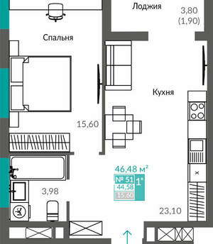 1-к квартира, вторичка, 45м2, 7/12 этаж
