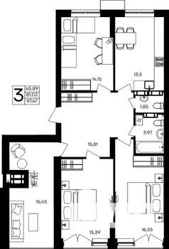 3-к квартира, строящийся дом, 97м2, 9/9 этаж