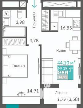 1-к квартира, строящийся дом, 42м2, 3/12 этаж