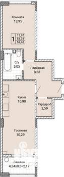 1-к квартира, строящийся дом, 53м2, 1/9 этаж