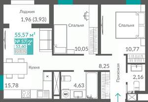 2-к квартира, строящийся дом, 54м2, 7/12 этаж