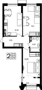 2-к квартира, строящийся дом, 62м2, 6/9 этаж