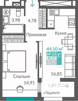 1-к квартира, вторичка, 42м2, 4/12 этаж