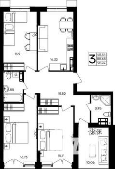 3-к квартира, строящийся дом, 99м2, 9/9 этаж