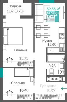 2-к квартира, строящийся дом, 58м2, 7/12 этаж