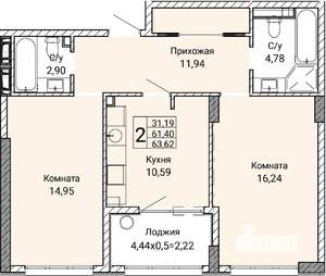 2-к квартира, вторичка, 64м2, 1/9 этаж