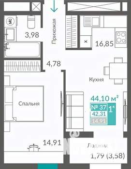 1-к квартира, строящийся дом, 42м2, 7/12 этаж