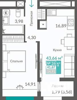 1-к квартира, строящийся дом, 42м2, 4/12 этаж