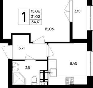 1-к квартира, вторичка, 34м2, 7/9 этаж
