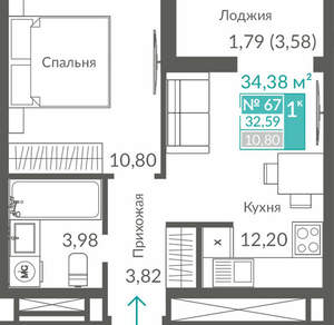 1-к квартира, вторичка, 33м2, 8/12 этаж