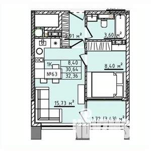1-к квартира, строящийся дом, 32м2, 3/5 этаж