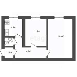 2-к квартира, вторичка, 43м2, 1/2 этаж