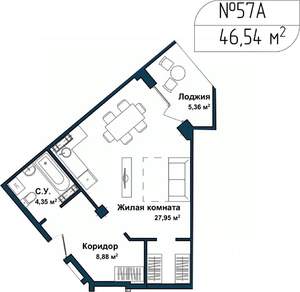 1-к квартира, сданный дом, 46м2, 2/5 этаж