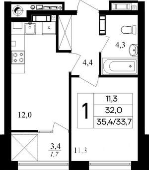 1-к квартира, строящийся дом, 35м2, 3/8 этаж