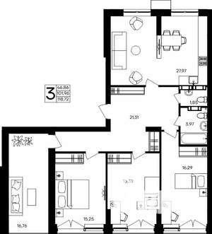 3-к квартира, строящийся дом, 119м2, 9/9 этаж