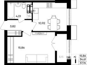1-к квартира, строящийся дом, 38м2, 3/9 этаж