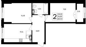 2-к квартира, вторичка, 58м2, 1/9 этаж