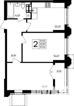 2-к квартира, строящийся дом, 57м2, 8/9 этаж