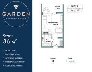 Студия квартира, вторичка, 36м2, 1/5 этаж