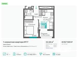 1-к квартира, вторичка, 33м2, 9/12 этаж