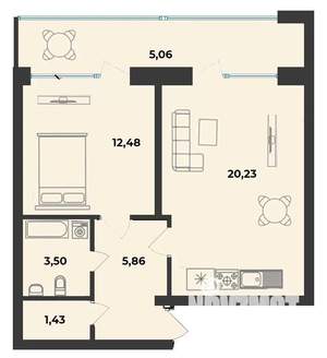 1-к квартира, строящийся дом, 49м2, 4/10 этаж