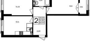 2-к квартира, вторичка, 58м2, 3/9 этаж