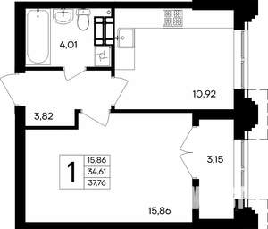 1-к квартира, строящийся дом, 38м2, 6/9 этаж