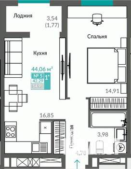 1-к квартира, строящийся дом, 42м2, 2/12 этаж