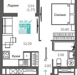 1-к квартира, вторичка, 33м2, 10/12 этаж