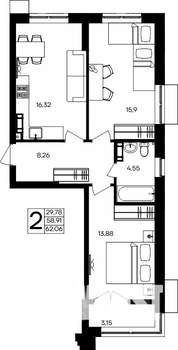 2-к квартира, строящийся дом, 62м2, 8/9 этаж