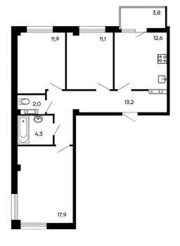 3-к квартира, строящийся дом, 73м2, 1/9 этаж
