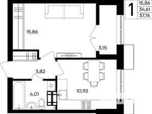 1-к квартира, строящийся дом, 38м2, 4/9 этаж