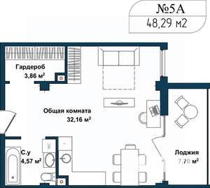 1-к квартира, сданный дом, 48м2, 1/5 этаж