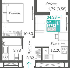 1-к квартира, вторичка, 33м2, 10/12 этаж