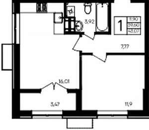 1-к квартира, вторичка, 43м2, 1/9 этаж