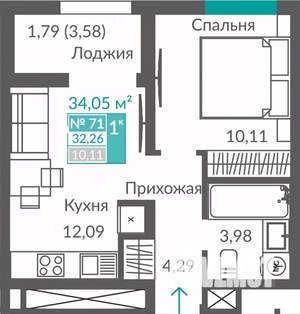 1-к квартира, строящийся дом, 32м2, 11/12 этаж