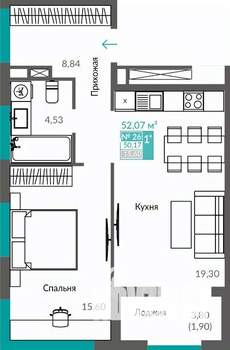 1-к квартира, строящийся дом, 50м2, 4/12 этаж