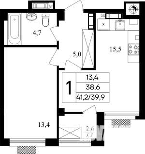 1-к квартира, строящийся дом, 41м2, 3/8 этаж