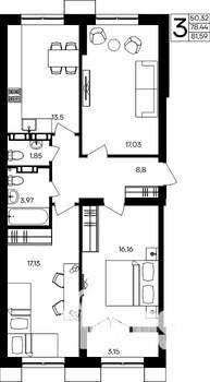3-к квартира, строящийся дом, 82м2, 8/9 этаж