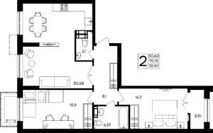 2-к квартира, строящийся дом, 79м2, 2/9 этаж