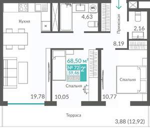 2-к квартира, строящийся дом, 59м2, 9/12 этаж