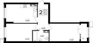 2-к квартира, строящийся дом, 62м2, 3/9 этаж