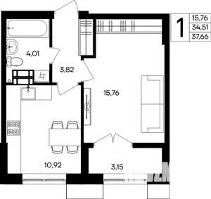 1-к квартира, строящийся дом, 38м2, 7/9 этаж