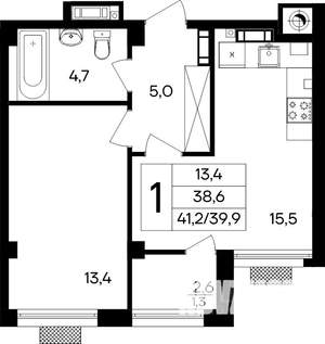 1-к квартира, строящийся дом, 41м2, 1/8 этаж