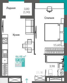 1-к квартира, строящийся дом, 45м2, 6/12 этаж