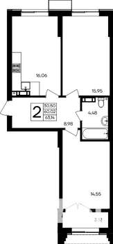2-к квартира, строящийся дом, 63м2, 3/9 этаж